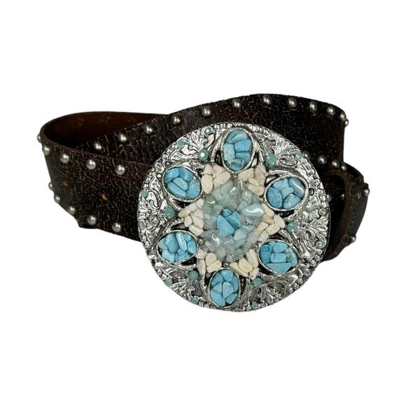 Leatherock Brown Leather Studded Turquoise Embellished Belt 32 Boho Western - Picture 1 of 7